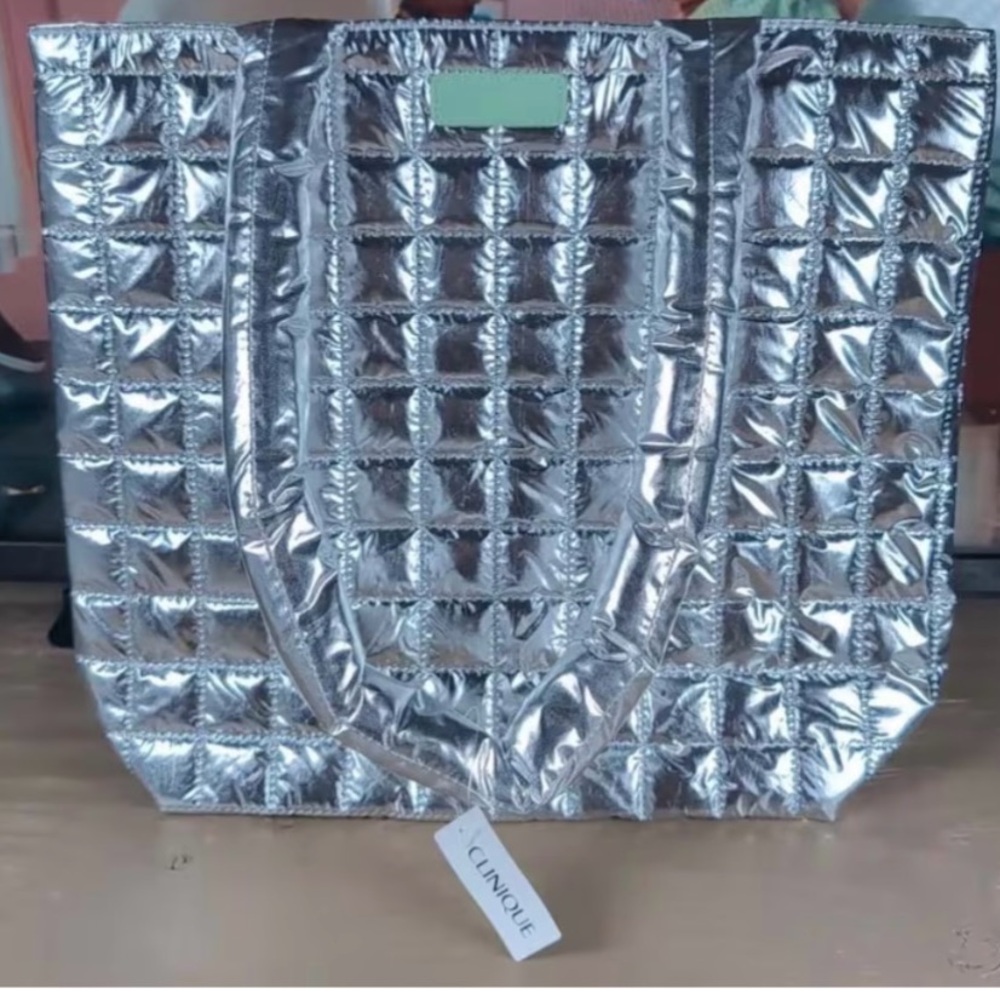 Clinique Metallic Silver / Green Quilted Tote